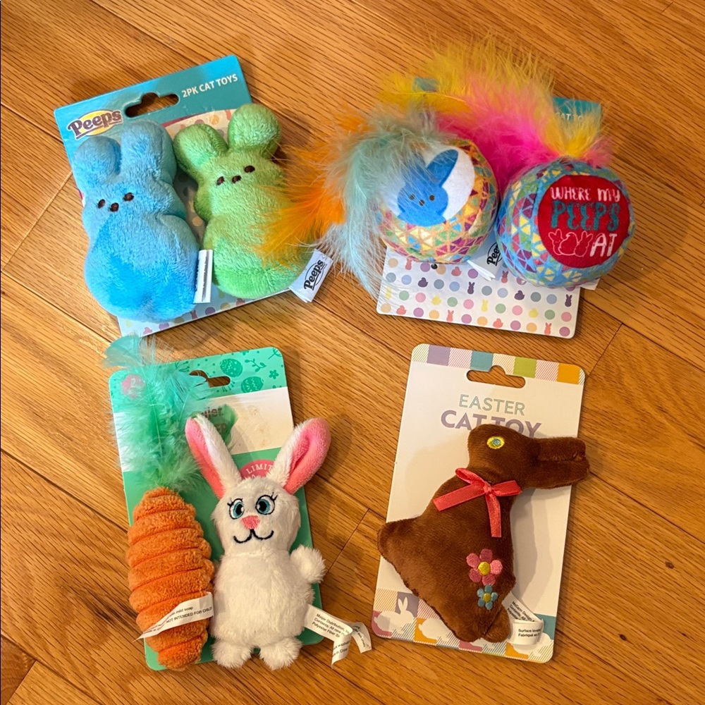 PEEPS Cat Toys Plush bunnies & Jingle Balls. Brown bunny & bunny w/carrot.